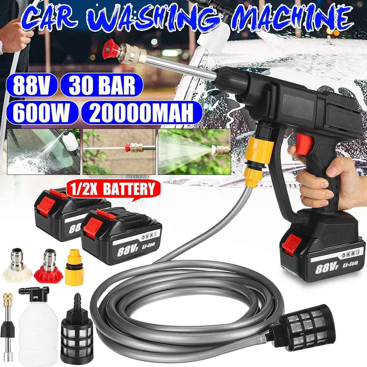 600W 2000mAh Cordless High Pressure Car Washer Rechargeable Car Wash Gun Electric Water Gun Foam Machine for Makita 18V Battery
600W 2000mAh Cordless High Pressure Car Washer Rechargeable Car Wash Gun Electric Water Gun Foam Machine for Makita 18V Battery
