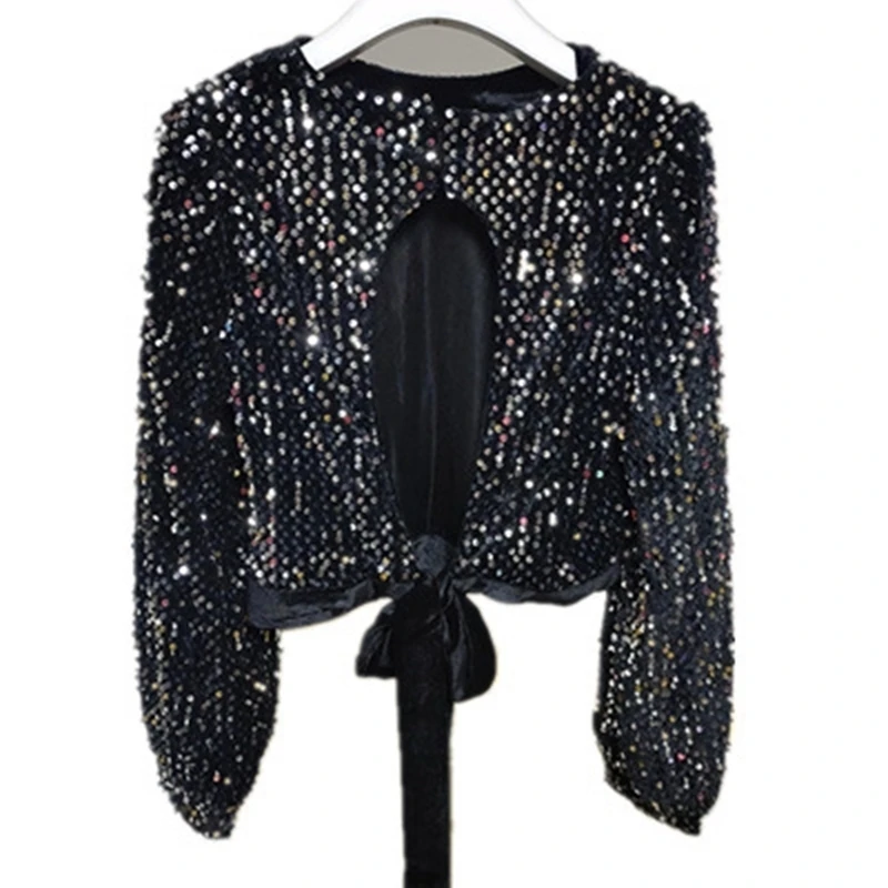 Blouses Women Chic Korean New Shinny Sequins O Neck Long Sleeve Tops Ladies Sexy Bow Lace Up Backless Short Shirts
Blouses Women Chic Korean New Shinny Sequins O Neck Long Sleeve Tops Ladies Sexy Bow Lace Up Backless Short Shirts