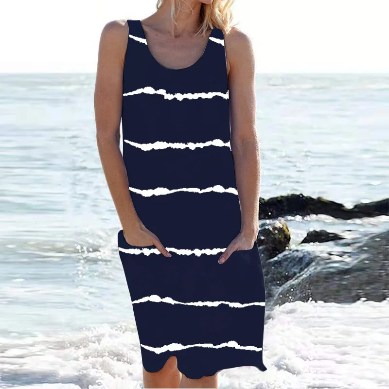 Summer Vacation Sleeveless Pocket Striped Print Dresses Casual Plus Size Loose Simple Beach Dress Robe Femme Vestidos De Verano 
Summer Vacation Sleeveless Pocket Striped Print Dresses Casual Plus Size Loose Simple Beach Dress Robe Femme Vestidos De Verano