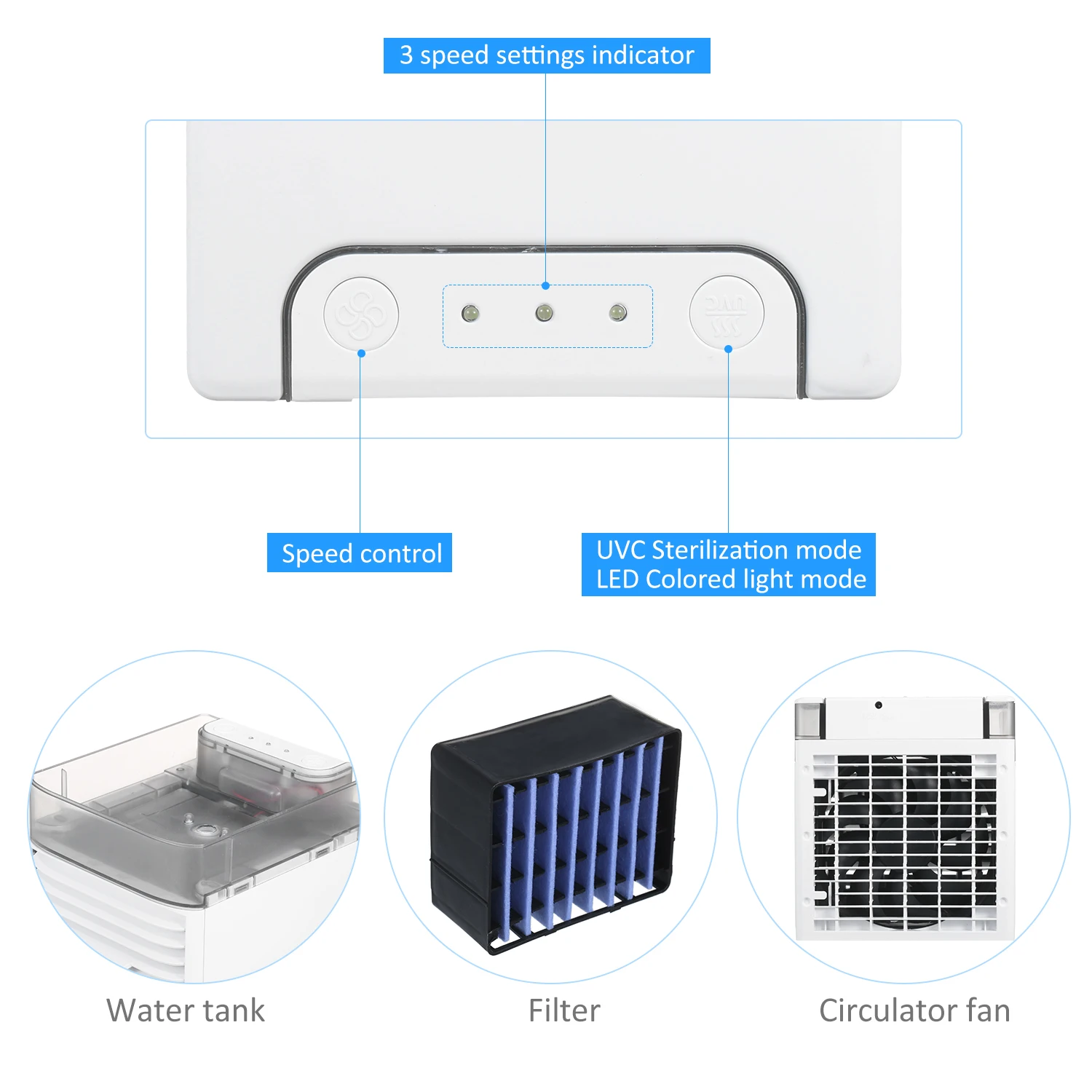 USB Air Conditioning Fan 41 Air Cooling Fan Tabletop 3 Speeds with UV Sterilizer LED Colored Light for Office Garage Bedroom
USB Air Conditioning Fan 41 Air Cooling Fan Tabletop 3 Speeds with UV Sterilizer LED Colored Light for Office Garage Bedroom