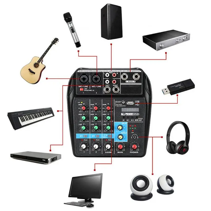 4 Channels Mini USB Mixer Sound Mixing Console with Bluetooth Sound Card