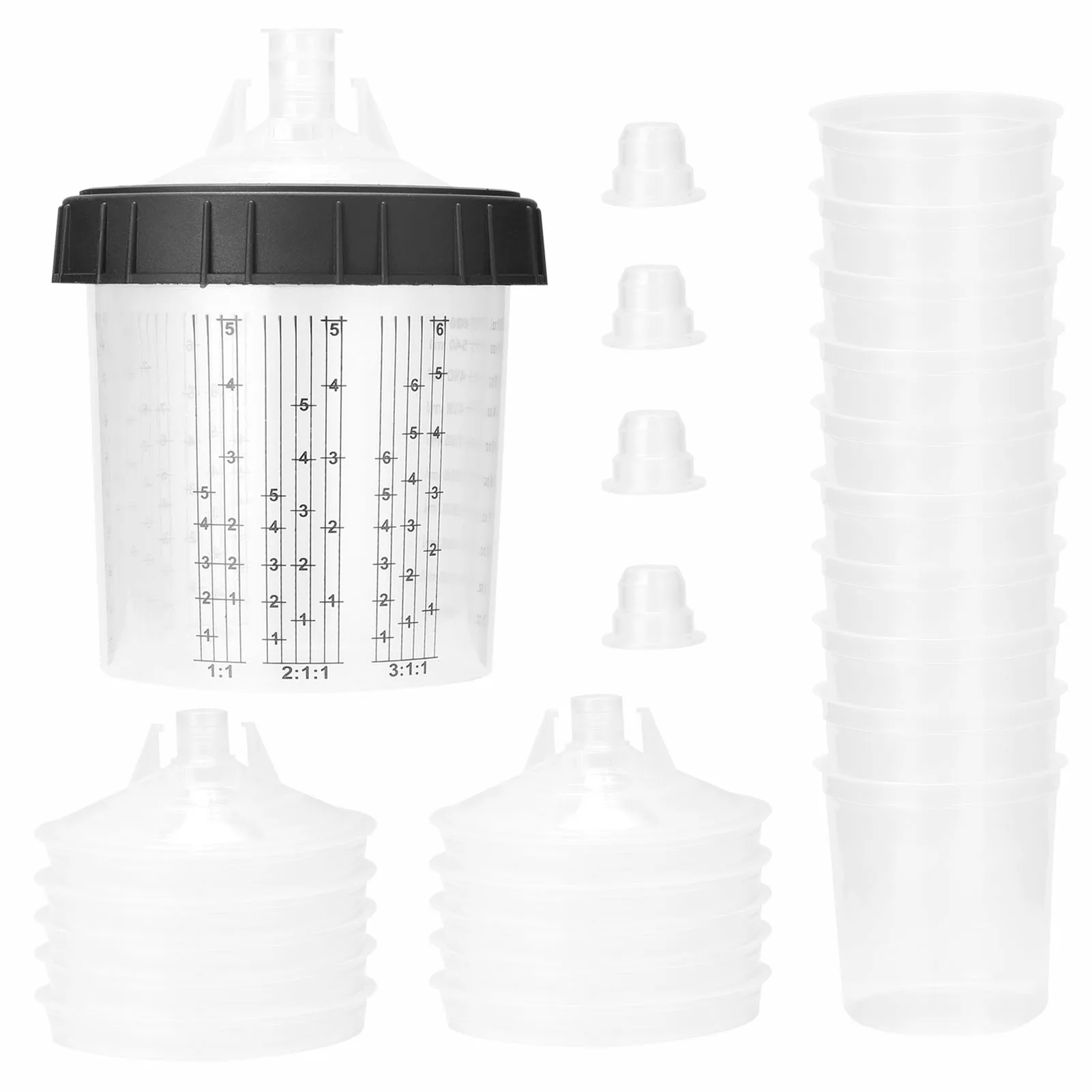 Sprayer Machine Paint Mixing Cup Set with 4pcs Sealing Plugs 1pc Black Retainer-Ring 1pc Hard Cup 10pc Disposable Inner Cup Lids 
Sprayer Machine Paint Mixing Cup Set with 4pcs Sealing Plugs 1pc Black Retainer-Ring 1pc Hard Cup 10pc Disposable Inner Cup Lids
