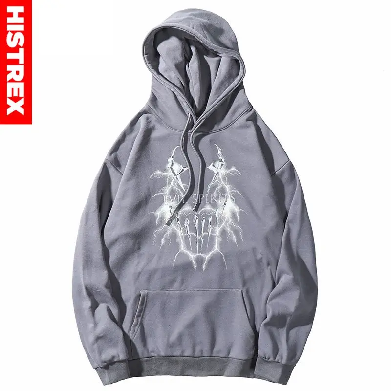 2020 Men Hip Hop Hoodie Sweatshirt Lightning Devil Print Harajuku Streetwear Hooded Pullover Cotton Autumn Loose Black | Мужская одежда