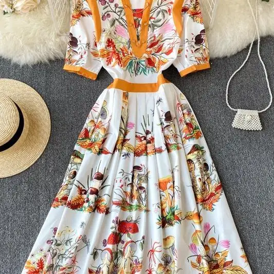 Spring 2021 New Goddess print short sleeve dress dress retro V-neck gathered waist pleated mid length Dress Holiday yellow dress
Spring 2021 New Goddess print short sleeve dress dress retro V-neck gathered waist pleated mid length Dress Holiday yellow dress