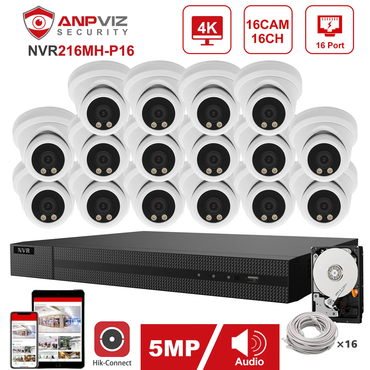 Hikvision OEM 16CH 4K NVR Anpviz 5MP ColorVu POE IP Camera System Indoor/Outdoor 16pcs Turret IP Camera Security System IP66
Hikvision OEM 16CH 4K NVR Anpviz 5MP ColorVu POE IP Camera System Indoor/Outdoor 16pcs Turret IP Camera Security System IP66