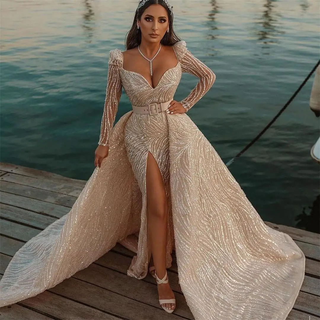 

Champagne Mermaid Wedding Dress 2022 Fashion Long Sleeves Lace Sequined Bridal Gowns with Detahable Train vestidos de novia