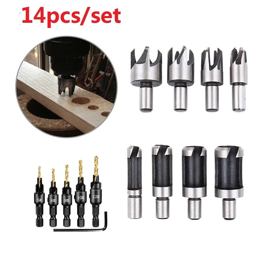 10/14 Pcs Wood Plug Hole Cutter Chamfered Plug Cutter Drill Bits Five-slot Countersunk Drill 1/4 Inch Hex Spanner Tool Set
10/14 Pcs Wood Plug Hole Cutter Chamfered Plug Cutter Drill Bits Five-slot Countersunk Drill 1/4 Inch Hex Spanner Tool Set