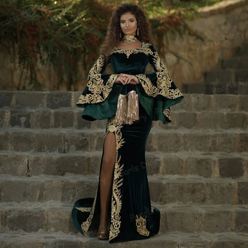 Flare Sleeves Gold Appliques Evening Dresses Formal 2021 Split Side Lace Mermaid Dubai Prom Dress Party Night Gowns Moroccan
Flare Sleeves Gold Appliques Evening Dresses Formal 2021 Split Side Lace Mermaid Dubai Prom Dress Party Night Gowns Moroccan