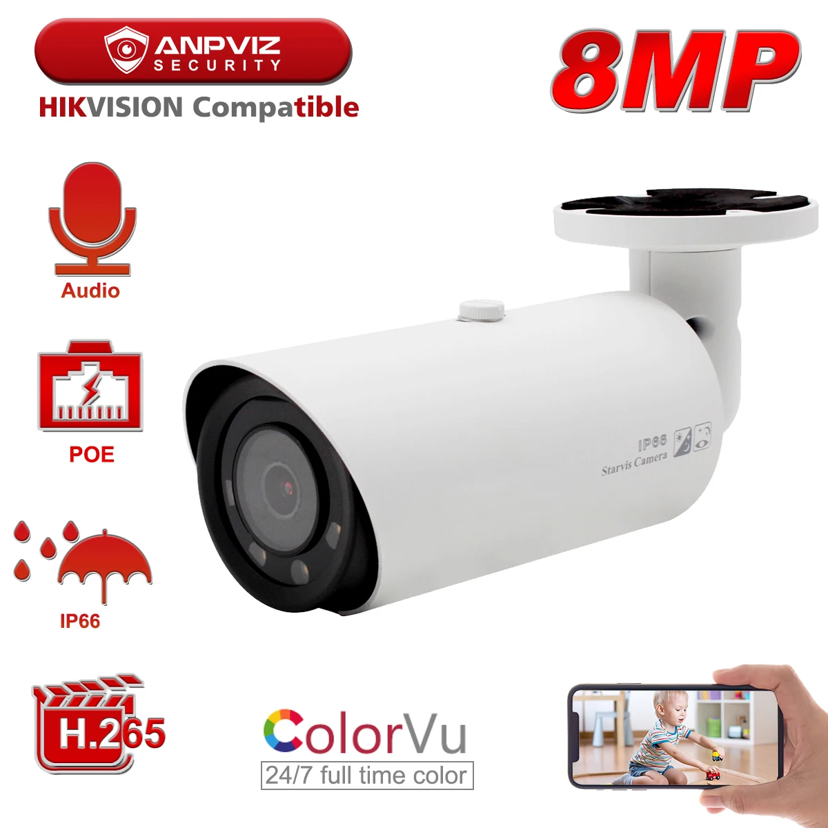 Hikvision Compatible Anpviz 4K 8MP Starlight ColorVu POE IP Camera Bullet Super Colorful Security Camera Audio IP66 Onvif 30m
Hikvision Compatible Anpviz 4K 8MP Starlight ColorVu POE IP Camera Bullet Super Colorful Security Camera Audio IP66 Onvif 30m
