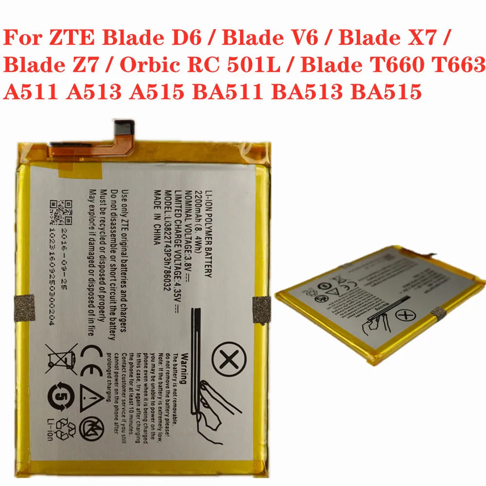 2200mAh Li3822T43P3h786032 For ZTE Blade D6 / V6 / X7 / Z7 / Orbic RC 501L / Blade T660 T663 BA511 BA513 BA515 Phone Battery
2200mAh Li3822T43P3h786032 For ZTE Blade D6 / V6 / X7 / Z7 / Orbic RC 501L / Blade T660 T663 BA511 BA513 BA515 Phone Battery