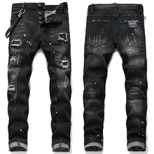 Men’s Luxury Classic Black Jeans,Slim-fit Stretch Denim Pants,Stylish Distressed Casual Pants,Youth Fashion Must;