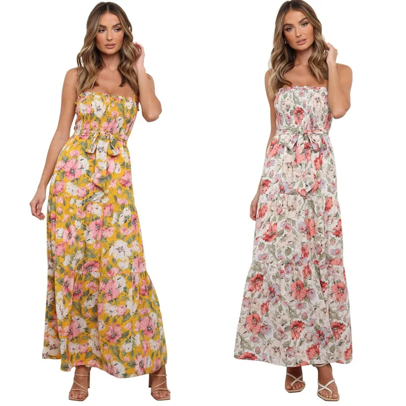 Summer Lady Temperament Tube Top Bow Belt Sling Sleeveless Dress Sexy High Waist Flower Printed Long Skirt
Summer Lady Temperament Tube Top Bow Belt Sling Sleeveless Dress Sexy High Waist Flower Printed Long Skirt