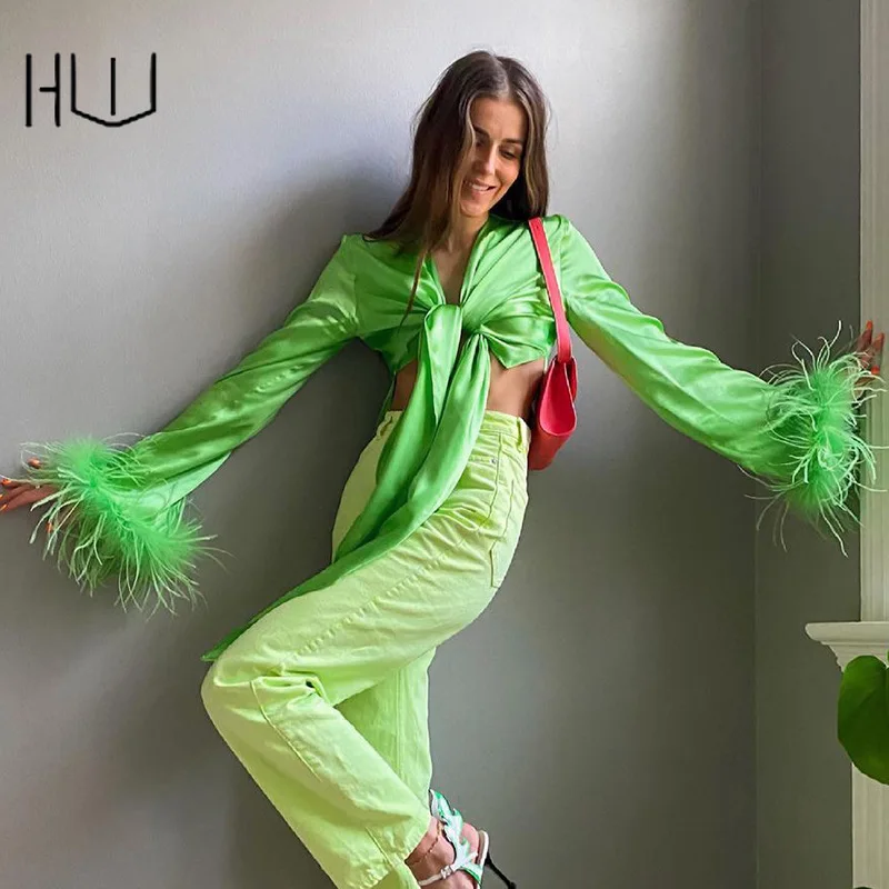 Autumn Office Ladies Full Sleeve Bow Crop Tops Feathers Patchwork Satin Bandage Shirt Green Blouse Tops Fashion Party Outfits
Autumn Office Ladies Full Sleeve Bow Crop Tops Feathers Patchwork Satin Bandage Shirt Green Blouse Tops Fashion Party Outfits