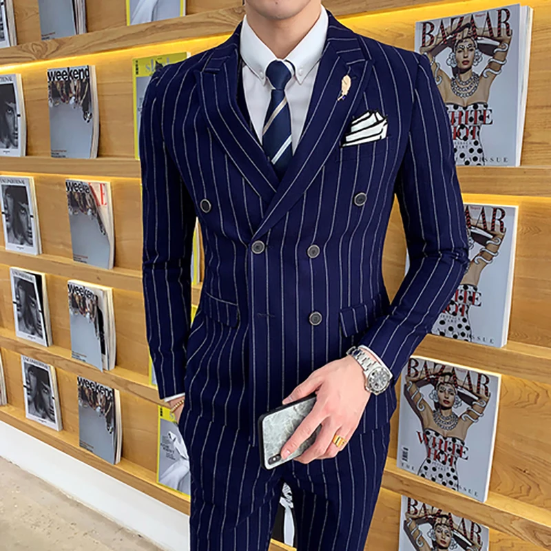 Double Breasted Slim Fit Blue Stripe Men Suit Formal 2 Piece Business Tailor Made Men Suit Groom Wedding Tuxedo
Double Breasted Slim Fit Blue Stripe Men Suit Formal 2 Piece Business Tailor Made Men Suit Groom Wedding Tuxedo