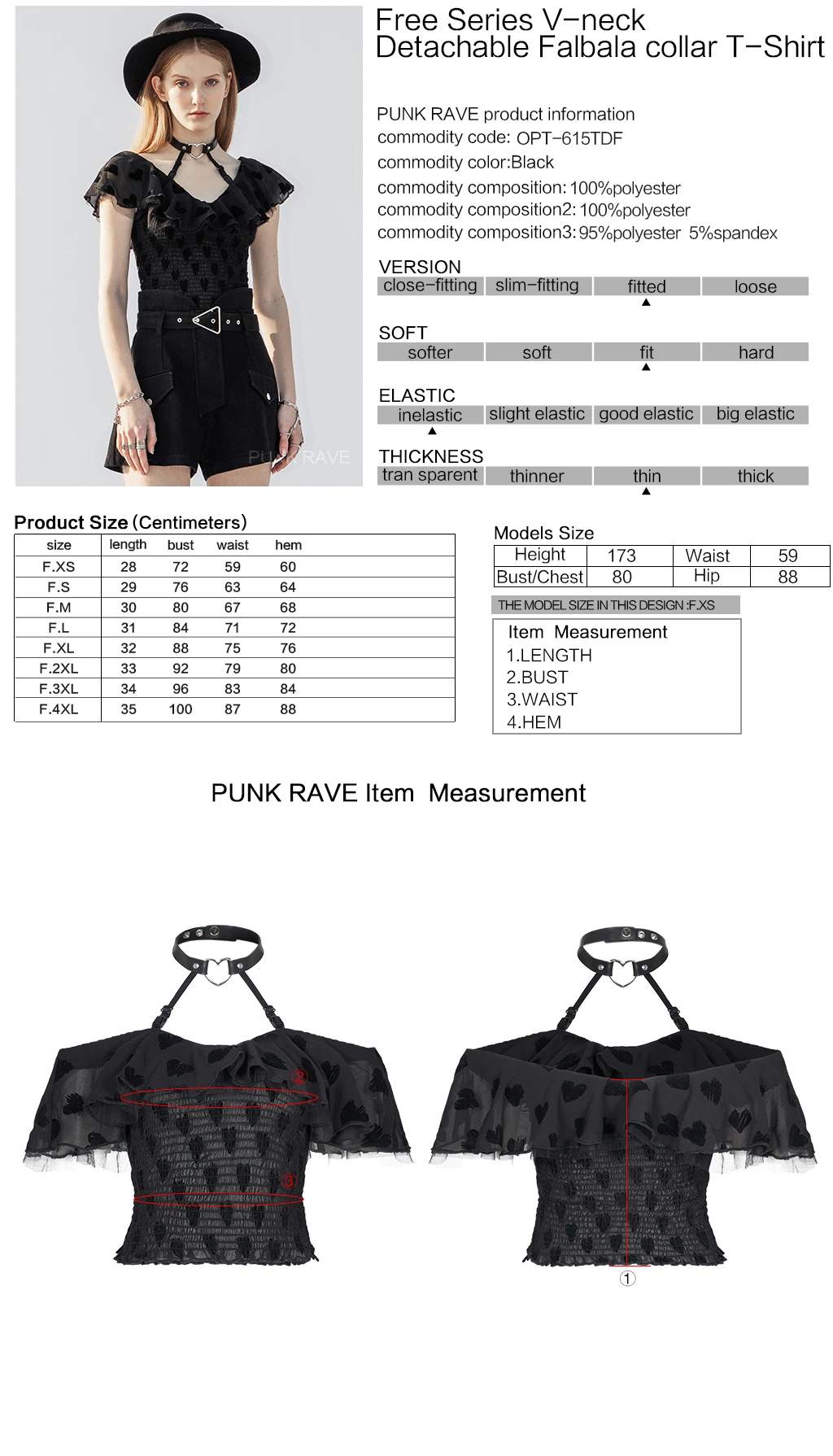 

PUNKRAVE Women's New Punk V-neck Detachable Falbala Collar Short Sleeve T-Shirt Punk Collect Waist Flocking Chiffon Daily Shirt