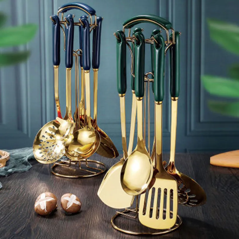 

Nordic light luxury style emerald ceramic Stainless Steel Kitchen Utensils anti-hot handle scoops spoon Gold Kitchen Tools Set