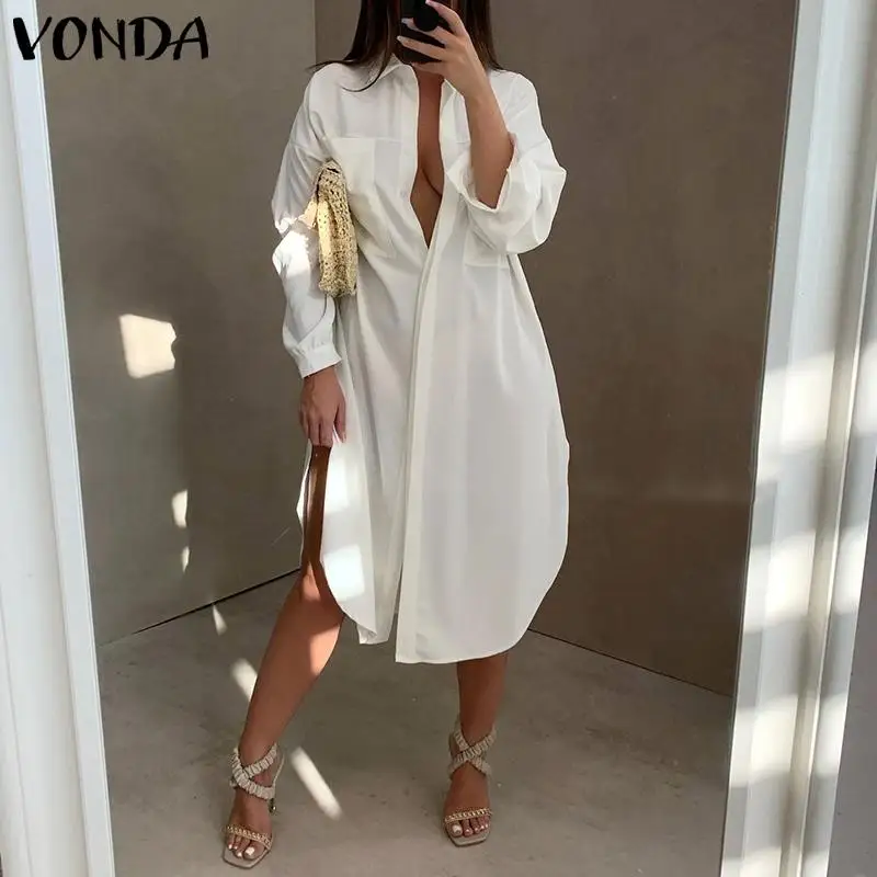 Shirt Dress 2021 VONDA Women Long Sleeve Lapel Neck Elegant Office Dress Femme Robe Bohemian Sundress Casual Loose Vestido
Shirt Dress 2021 VONDA Women Long Sleeve Lapel Neck Elegant Office Dress Femme Robe Bohemian Sundress Casual Loose Vestido
