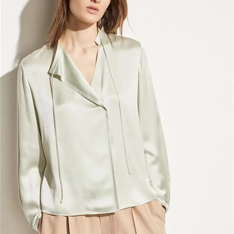 Women Oblique Opening Lace-Up Blouse 100% Silk Long Sleeve Simple Solid Color for Ol Spring Autumn
Women Oblique Opening Lace-Up Blouse 100% Silk Long Sleeve Simple Solid Color for Ol Spring Autumn