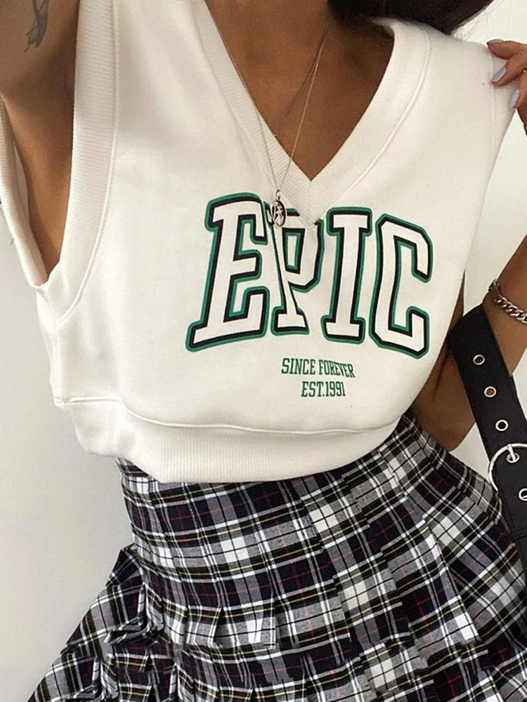 Sifreyr Casual Sleeveless Vest Tshirt Women White Letter Print V Neck Cropped Tee Fashion Streetwear Loose Cute Y2K Pullover Top
Sifreyr Casual Sleeveless Vest Tshirt Women White Letter Print V Neck Cropped Tee Fashion Streetwear Loose Cute Y2K Pullover Top