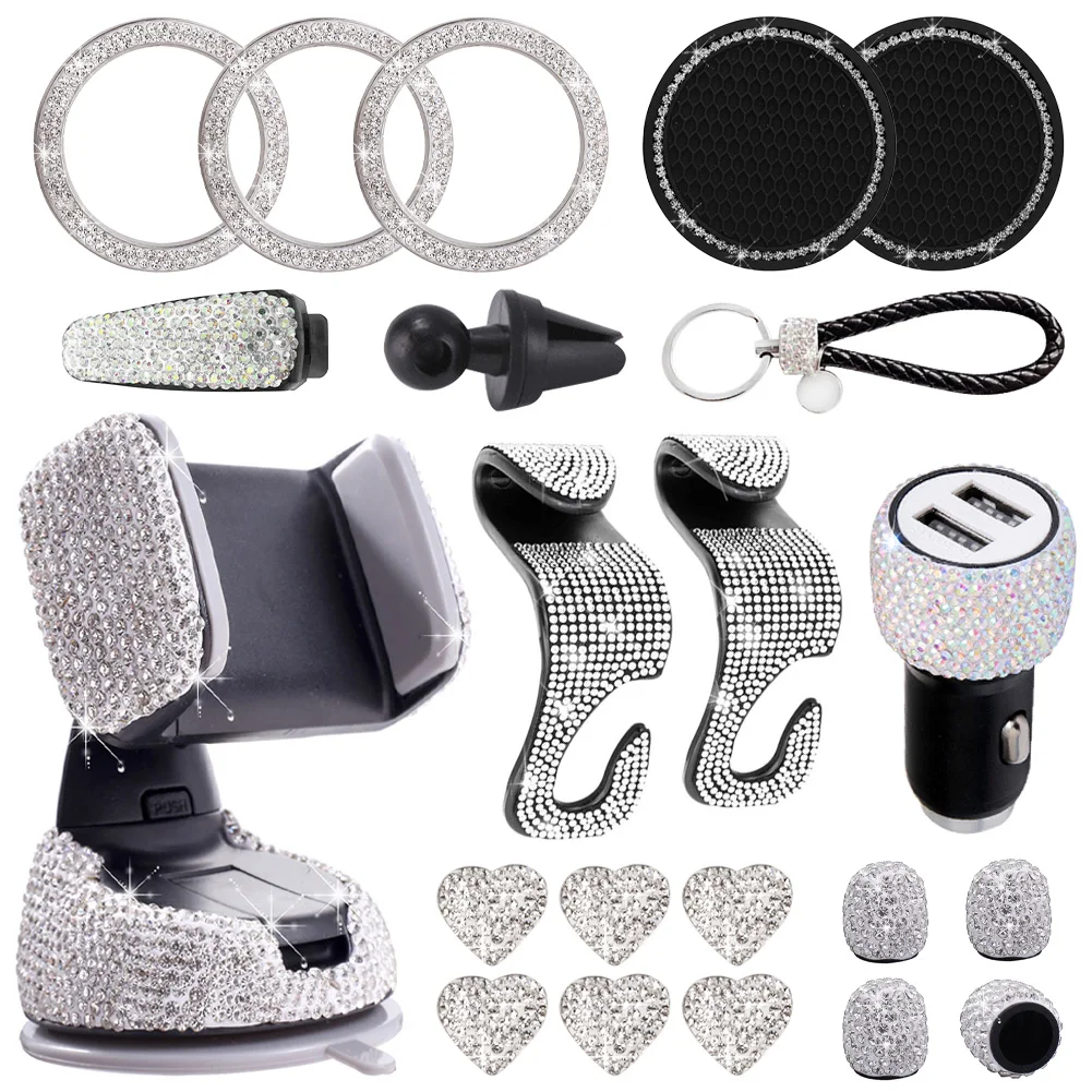 21PCS Bling Car Accessories for Women Rhinestone Kit Dual USB Car Charger Phone Mount Tire Valve Cap Glass Cup Pad Backseat Hook
21PCS Bling Car Accessories for Women Rhinestone Kit Dual USB Car Charger Phone Mount Tire Valve Cap Glass Cup Pad Backseat Hook