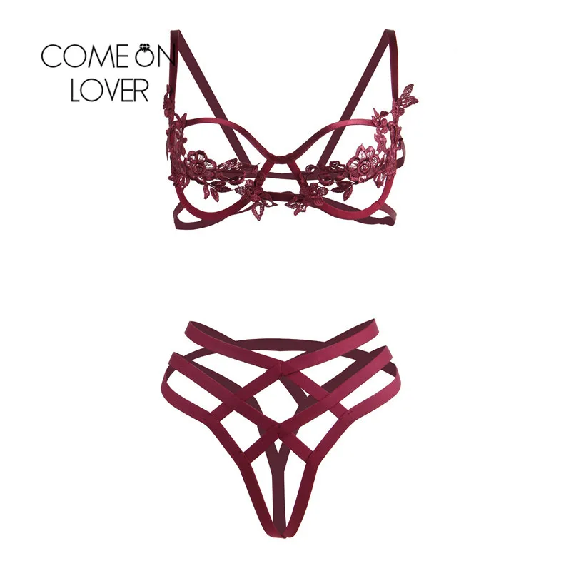 

Comeonlover Women's Sexy 2 Piece Lingerie Set Strappy Embroidery M-XL Cut Out Crisscross Push Up Ladder Bra Panty Set RI80854