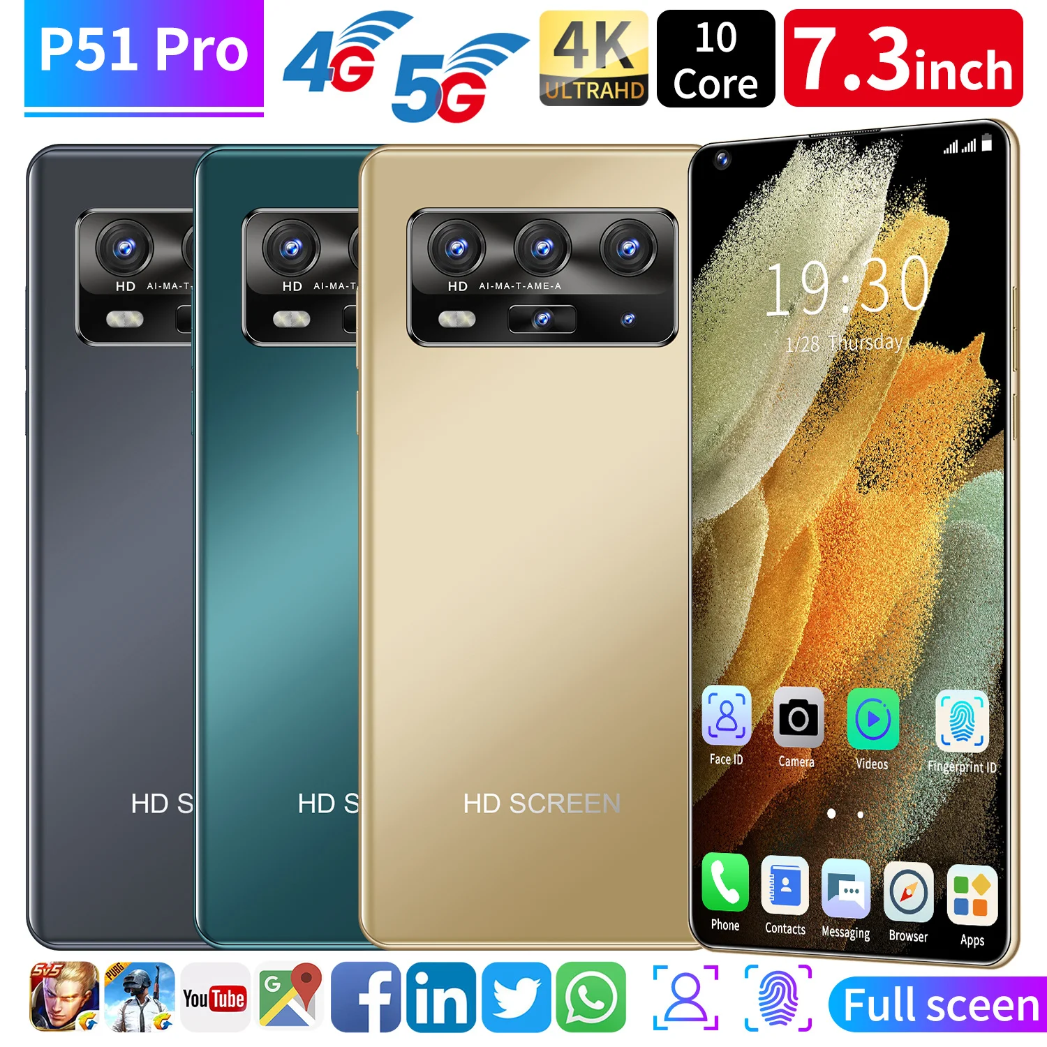 Global Version P51 Pro 7.3 Inch 12GB RAM 512GB ROM 24+48MP Andriod Sm Artphones 10 Core MTK6889 Dual SIM 4G LTE 5G Cell Phone
Global Version P51 Pro 7.3 Inch 12GB RAM 512GB ROM 24+48MP Andriod Sm Artphones 10 Core MTK6889 Dual SIM 4G LTE 5G Cell Phone