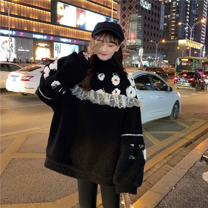 Spring And Autumn Korean Style 2020 New Elegant Style Fairy Loose Velvet Thickened Pullover Sweatshirt Flower Lace Black Coat
Spring And Autumn Korean Style 2020 New Elegant Style Fairy Loose Velvet Thickened Pullover Sweatshirt Flower Lace Black Coat