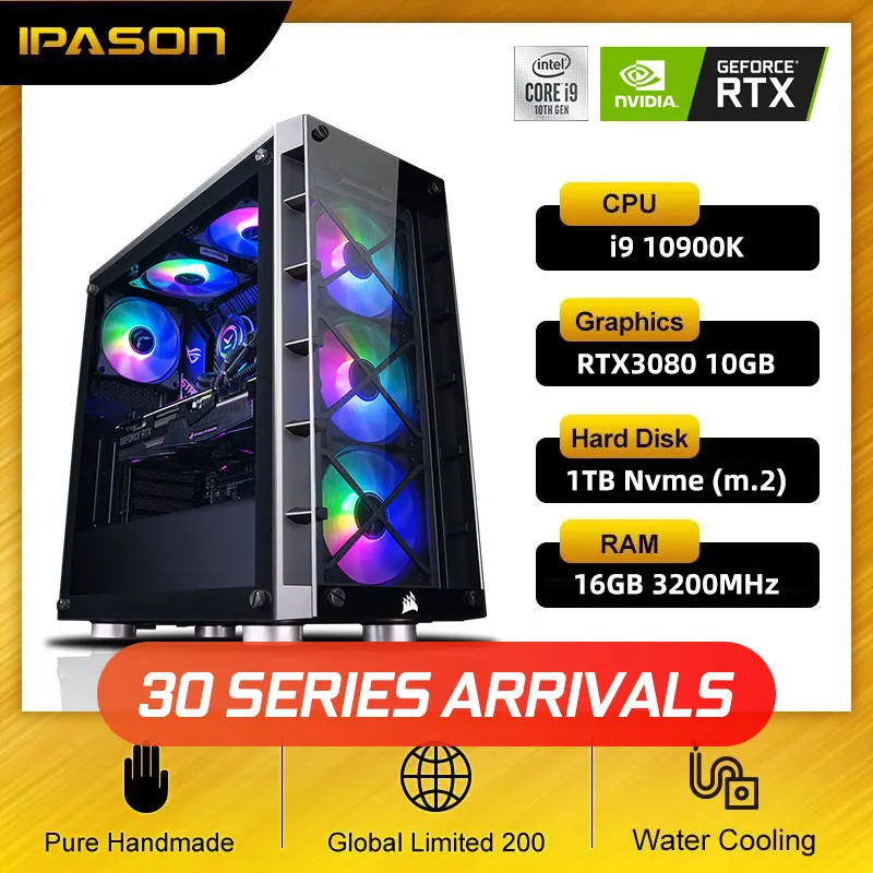 IPASON игровой ПК Intel 10th Gen I7 10700K/I9 10900K/RTX3080/2080TI High End компьютера с игровыми шасси