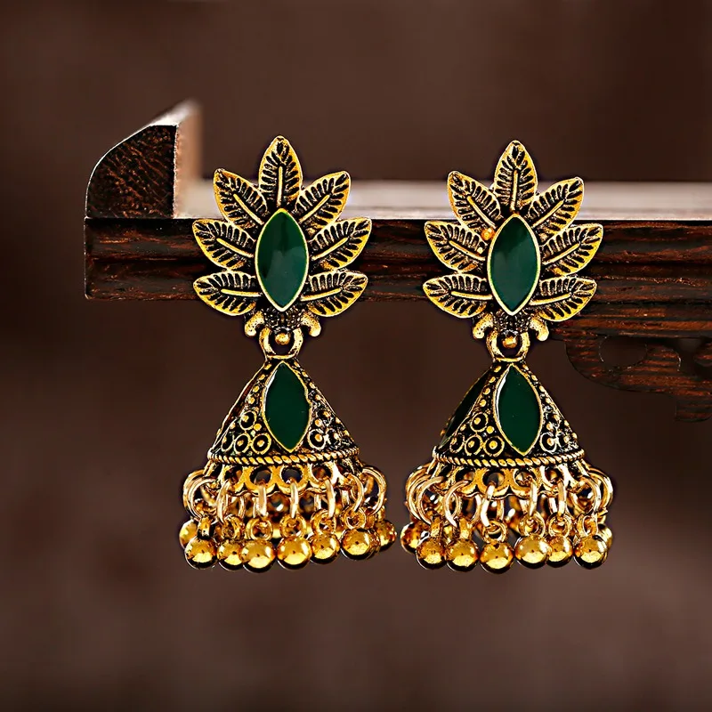 

Antique Ethnic Women's Indian Jhumka Earring Afghan Gypsy Jewelry Boho Gold Color Leaf Carved Bell Tassel Drop Earrings Ladies