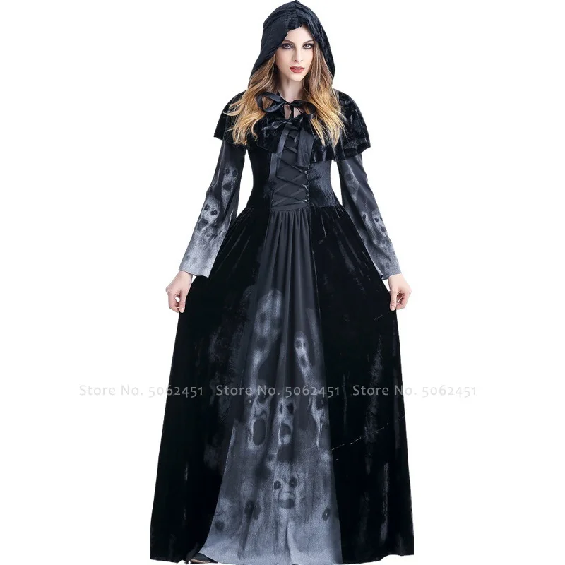

Halloween Medieval Women Witch Party Dress Caps Carnival Wizard Robe Vampire Devil Ghost Cloak Capes Stage Cosplay Scary Costume