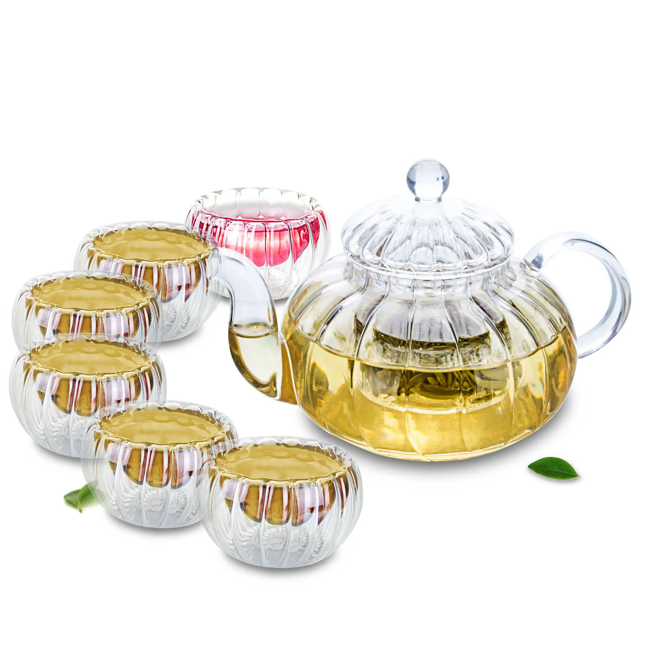 

Clear Glass Coffee Tea Pot and Pumpkin Gongfu Teacups Small Mugs Tea Set