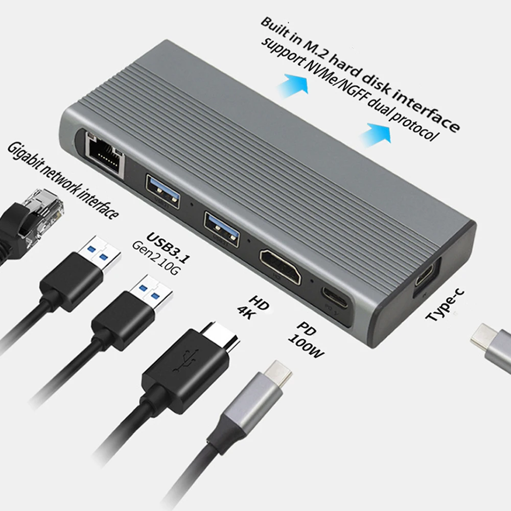 USB-концентратор 6 в 1 Тип C 3 на M.2 NVME NGFF HD 4K 30 Гц 1000 м RJ45 LAN 10 Гбит/с SSD | Компьютеры и