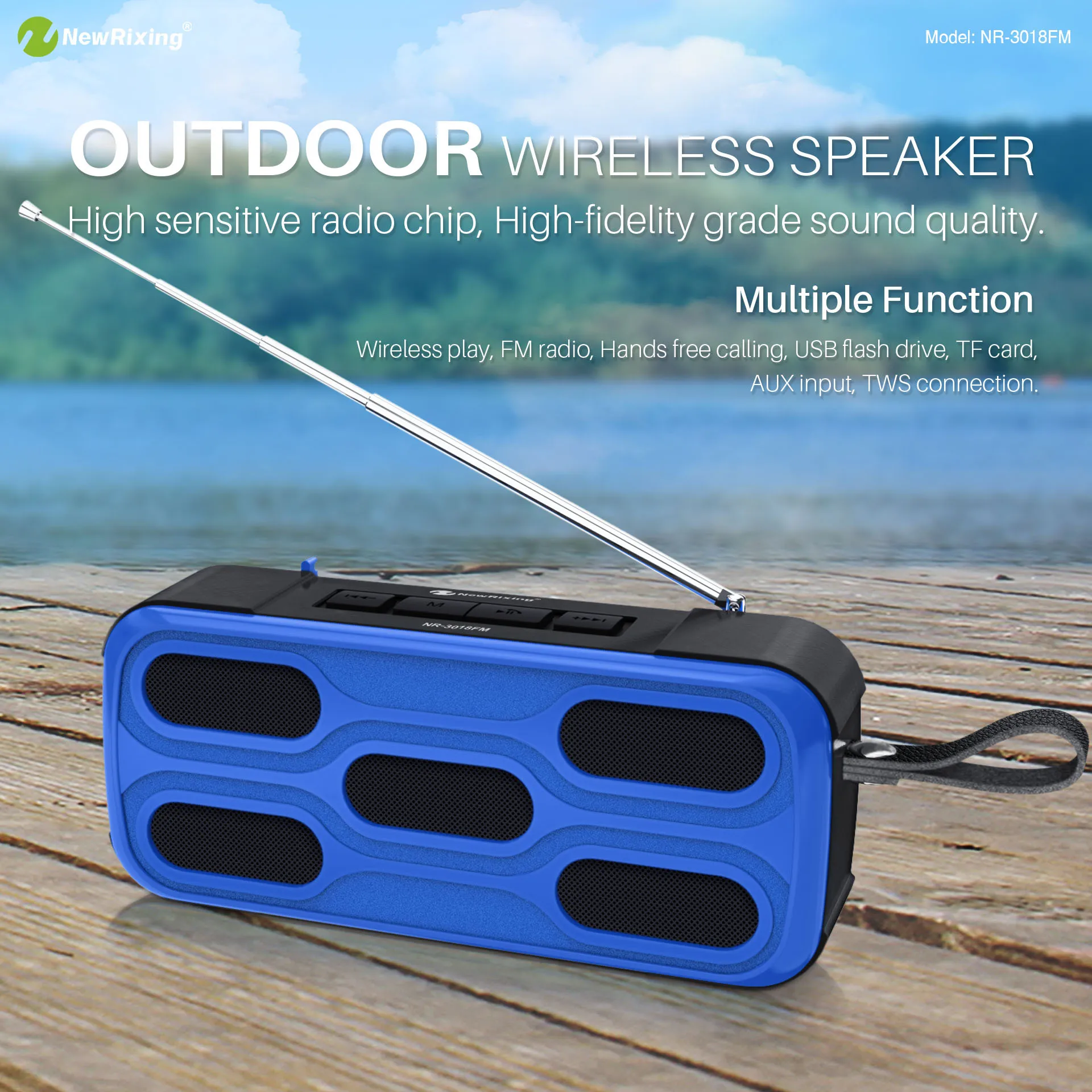 

Outdoor Wireless Speaker with Strap Antenna Support FM Radio TF Card AUX TWS Travel Small Portable Bluetooth Subwoofer