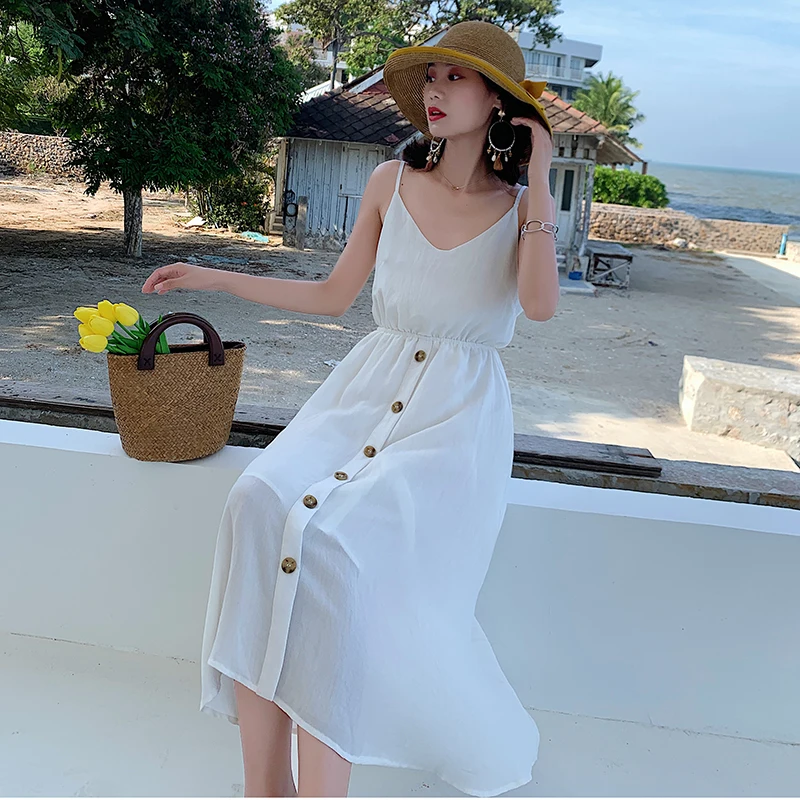 Backless Korean Runway 2021 White Midi Women Straps Dress Sundress Summer High Waist Elegant Casual Party Vacation Beach Dress
Backless Korean Runway 2021 White Midi Women Straps Dress Sundress Summer High Waist Elegant Casual Party Vacation Beach Dress