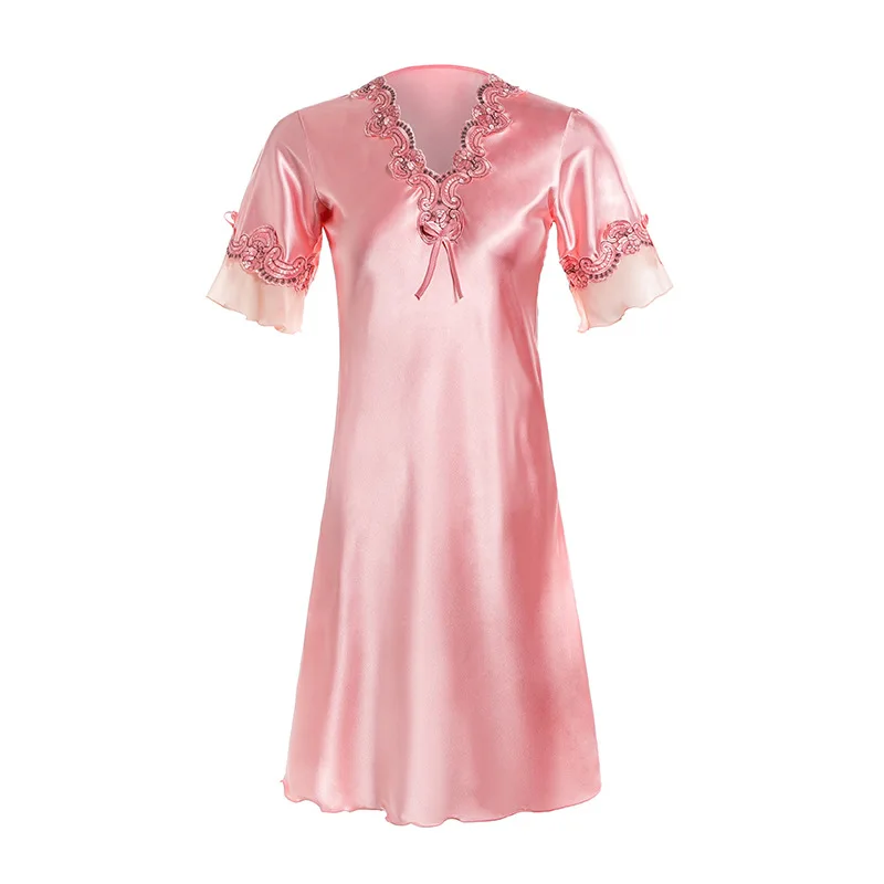 Nightgown Women Summer Sexy Lace Short Sleeve Nightdress Loose Thin Silky Loose Sleepwear V-neck Lady Home Dressing Gown
Nightgown Women Summer Sexy Lace Short Sleeve Nightdress Loose Thin Silky Loose Sleepwear V-neck Lady Home Dressing Gown