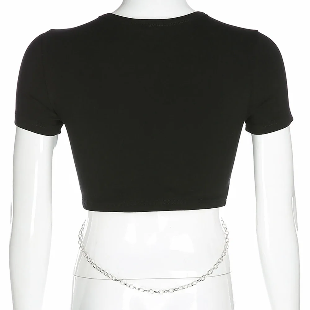 Women 2021 Gothic Brand Chain Design Sexy Short Tops Tees Streetwear Black T Shirt Summer Punk Casual Tshirts New Fashion Cool
Women 2021 Gothic Brand Chain Design Sexy Short Tops Tees Streetwear Black T Shirt Summer Punk Casual Tshirts New Fashion Cool