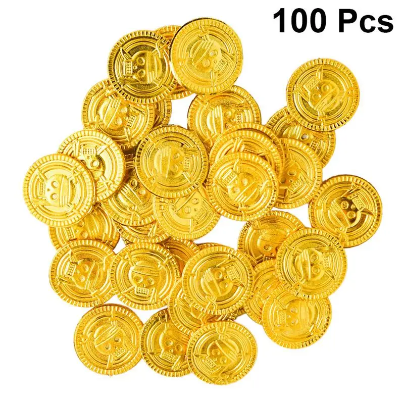 

100pcs Pirates Golden Coins Plastic Treasure Coins Play Money Toy Game Props Playset Goodie Bag Fillers Party Favor for Kids