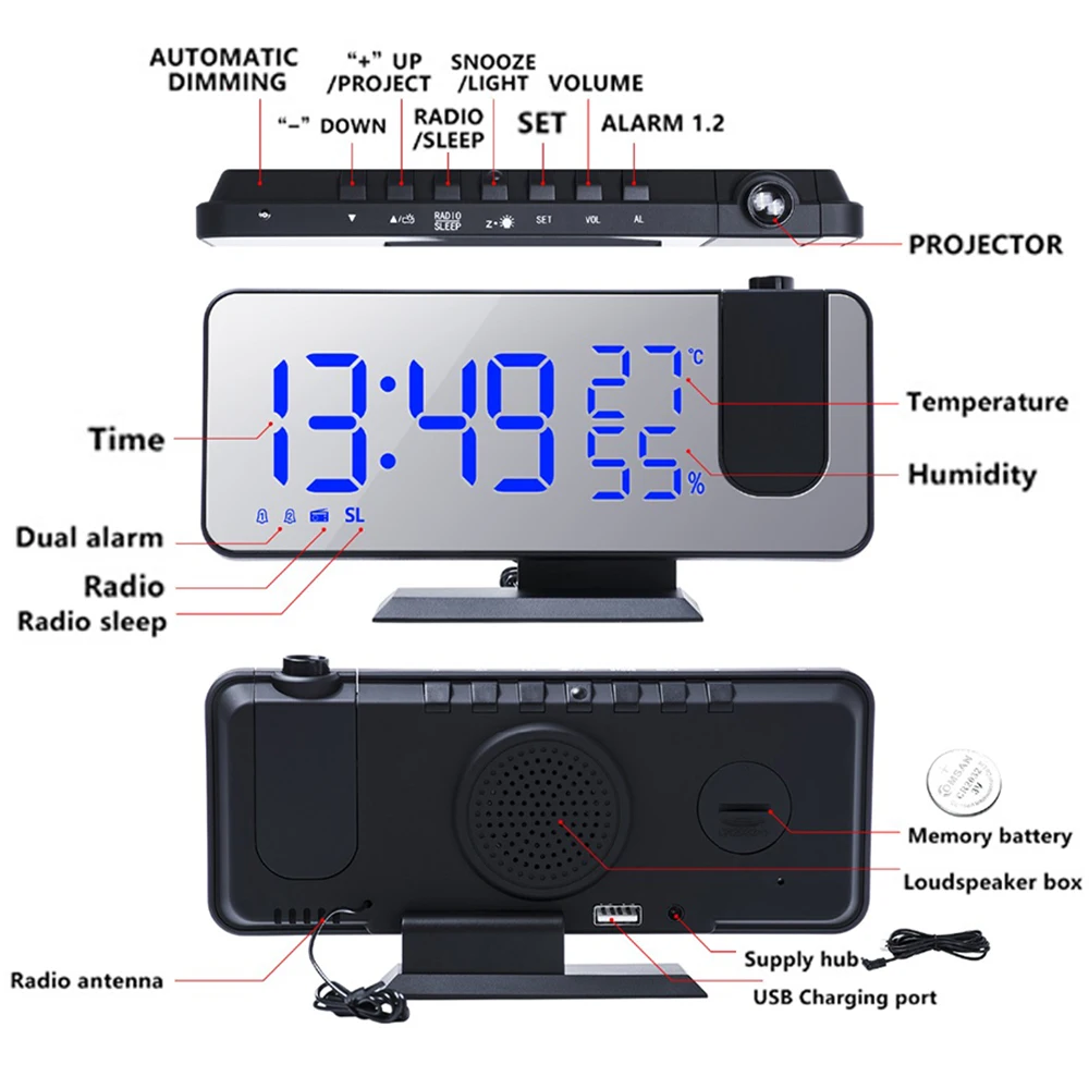 СВЕТОДИОДНЫЙ цифровой смарт-будильник с проекцией на 180 ° часы USB-зарядкой