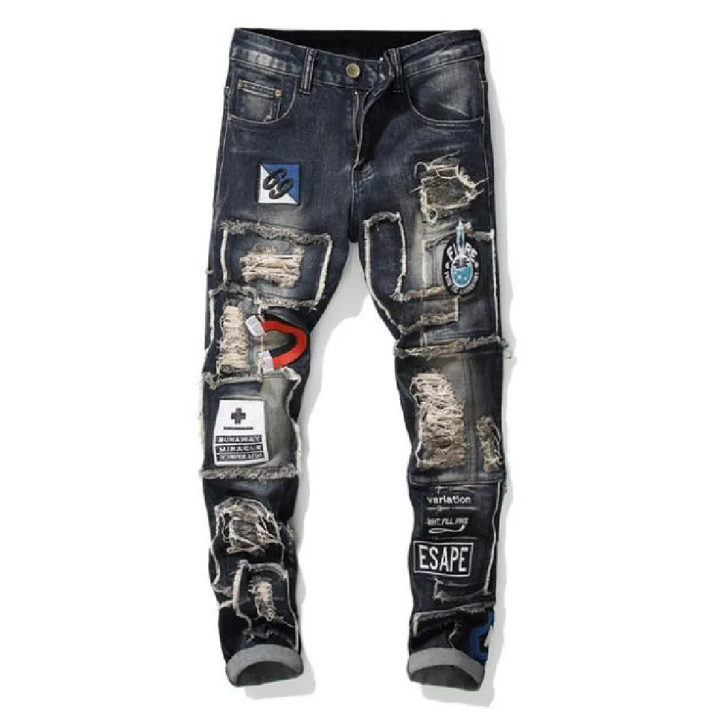 Men's jeans new European and American fashion men holes paste cloth small straight leg stretch jeans casual hip-hop street pants 
Men's jeans new European and American fashion men holes paste cloth small straight leg stretch jeans casual hip-hop street pants