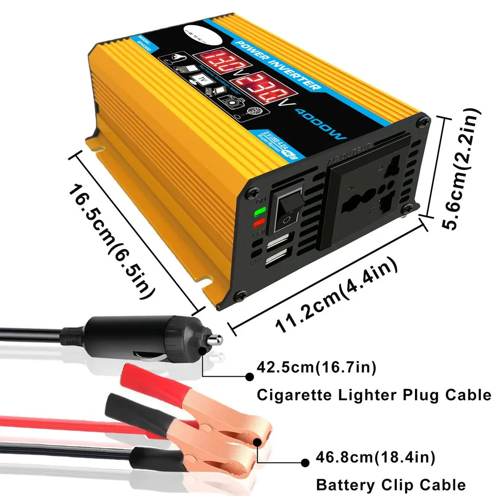 4000W 12V to 220V/110V LED Car Power Inverter Converter Charger Adapter Dual USB Voltage Transformer Modified Sine Wave
4000W 12V to 220V/110V LED Car Power Inverter Converter Charger Adapter Dual USB Voltage Transformer Modified Sine Wave