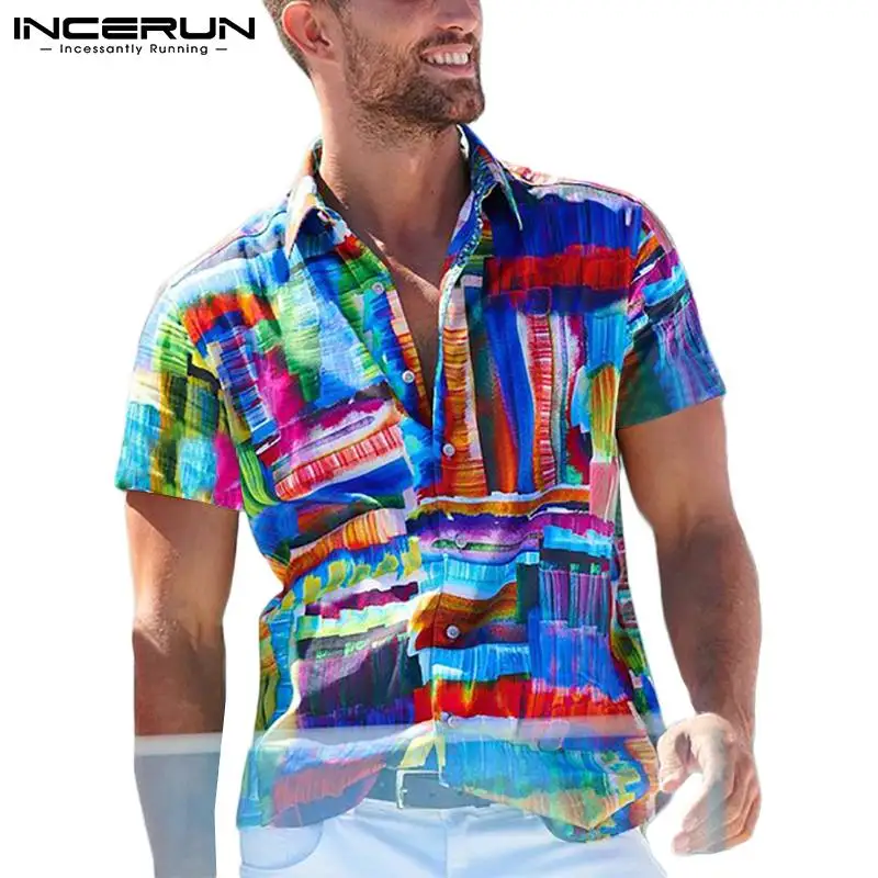 

INCERUN 2021 Для мужчин гавайская рубашка с принтом короткий рукав Повседневное Camisa Masculina летняя уличная отдых для отдыха топы S-3XL