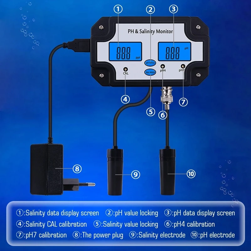 PH-2685 PH & Salinity Monitor 2 in 1 Ph Meter&Salinity Tester for Aquarium Pool Spa Seawater Water Quality-EU Plug
PH-2685 PH & Salinity Monitor 2 in 1 Ph Meter&Salinity Tester for Aquarium Pool Spa Seawater Water Quality-EU Plug