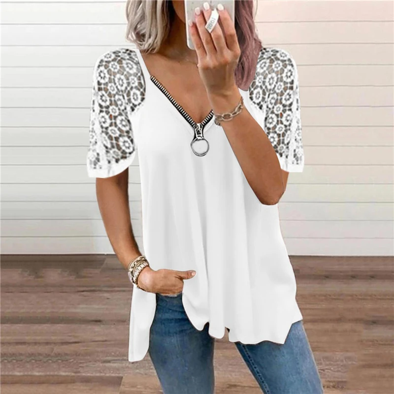 Women Chiffon T Shirt Summer V-Neck Zipper Loose Casual T Shirts Splicing Short-Sleeved T-Shirt Top Ladies Irregular Tees
Women Chiffon T Shirt Summer V-Neck Zipper Loose Casual T Shirts Splicing Short-Sleeved T-Shirt Top Ladies Irregular Tees
