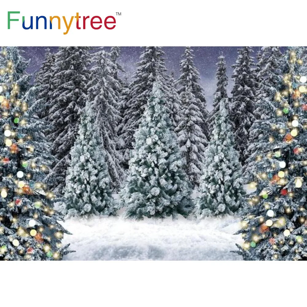 

Funnytree Winter Trees Snow Christmas Night Forests Background New Year Party Gold Bells Celebration Photobooth Props Backdrop