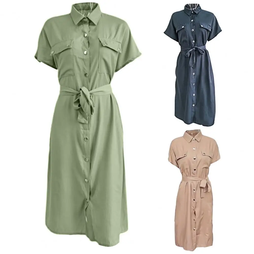 Summer Women Midi Dress Single-breasted with Belt Solid Color Short Sleeve Comfortable Pockets Shirt Buttons Dress
Summer Women Midi Dress Single-breasted with Belt Solid Color Short Sleeve Comfortable Pockets Shirt Buttons Dress