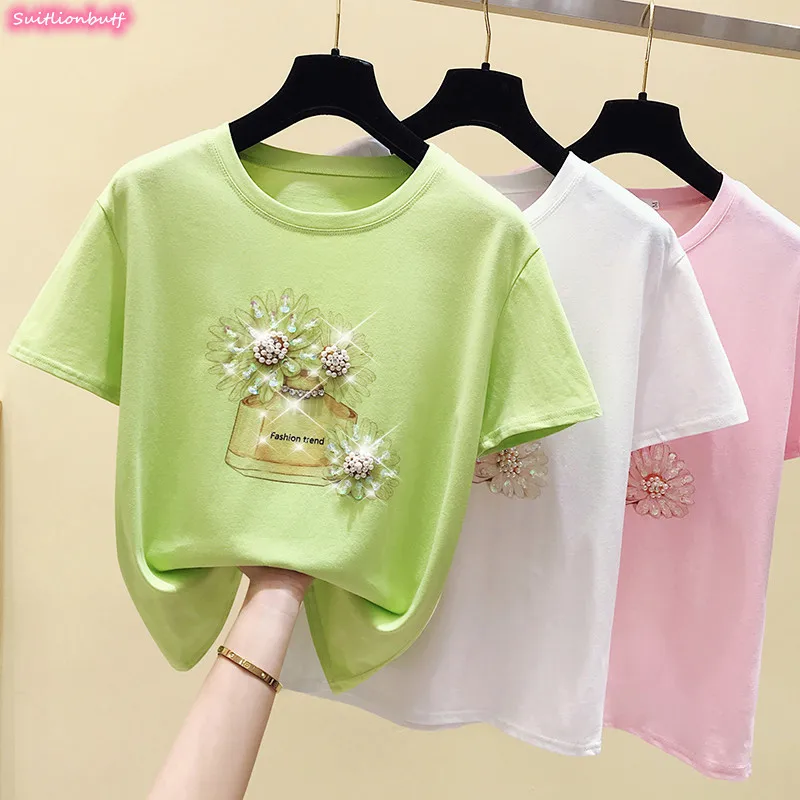 XL Diamond Flower Cotton T-shirt O-Neck Short Sleeve Loose Korean Tshirt 2021 Summer Casual Top Women Clothes Female Blouses Tee
XL Diamond Flower Cotton T-shirt O-Neck Short Sleeve Loose Korean Tshirt 2021 Summer Casual Top Women Clothes Female Blouses Tee