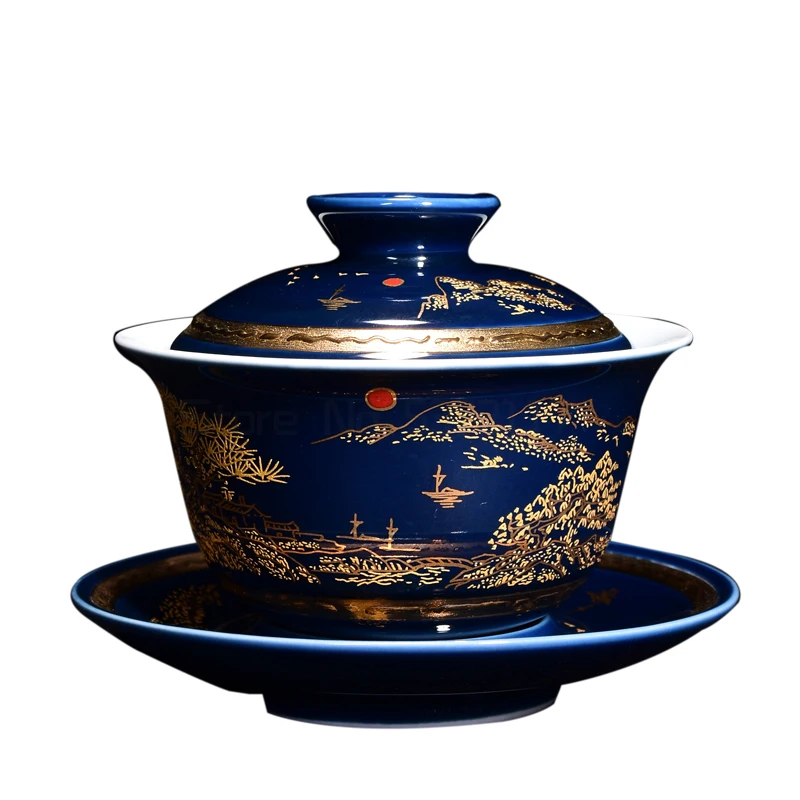 

mountain-river print porcelain tureen blue glaze ceramic gaiwan covered bowl with cup saucer lid on sales