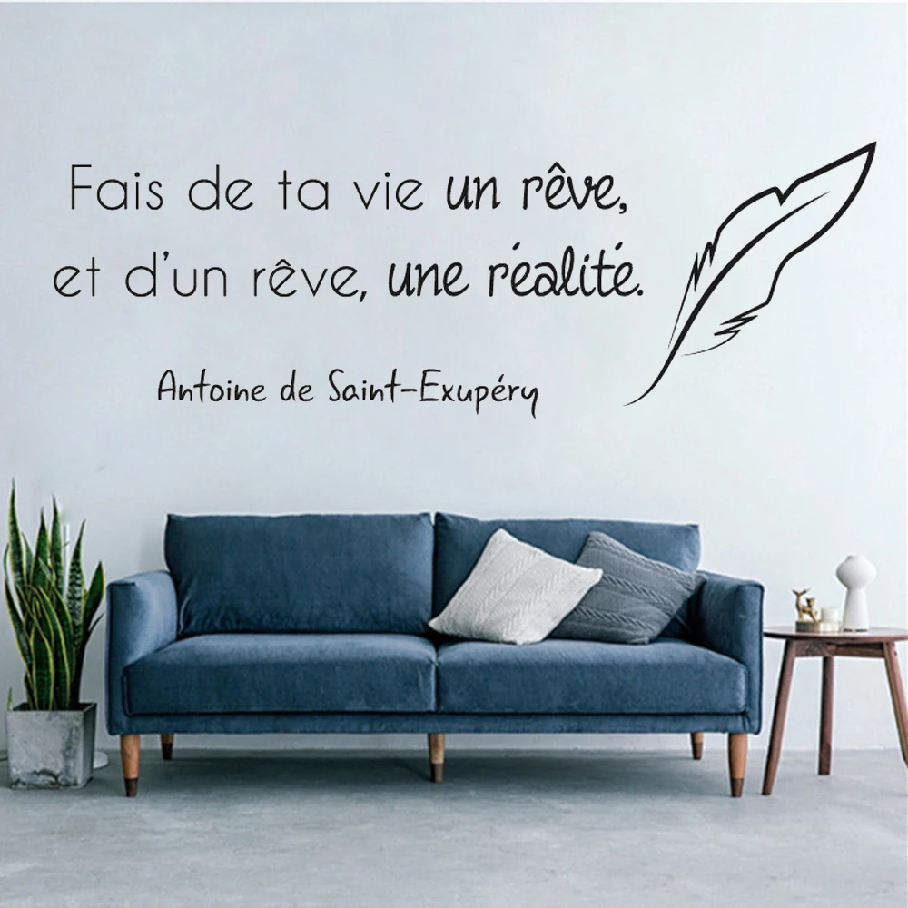 

Wall Stickers Fais De Ta Vie Un Rêve French Quotes Decals Feather Poster Vinyl For Kids Room Livingroom Mural Decoration RU2474