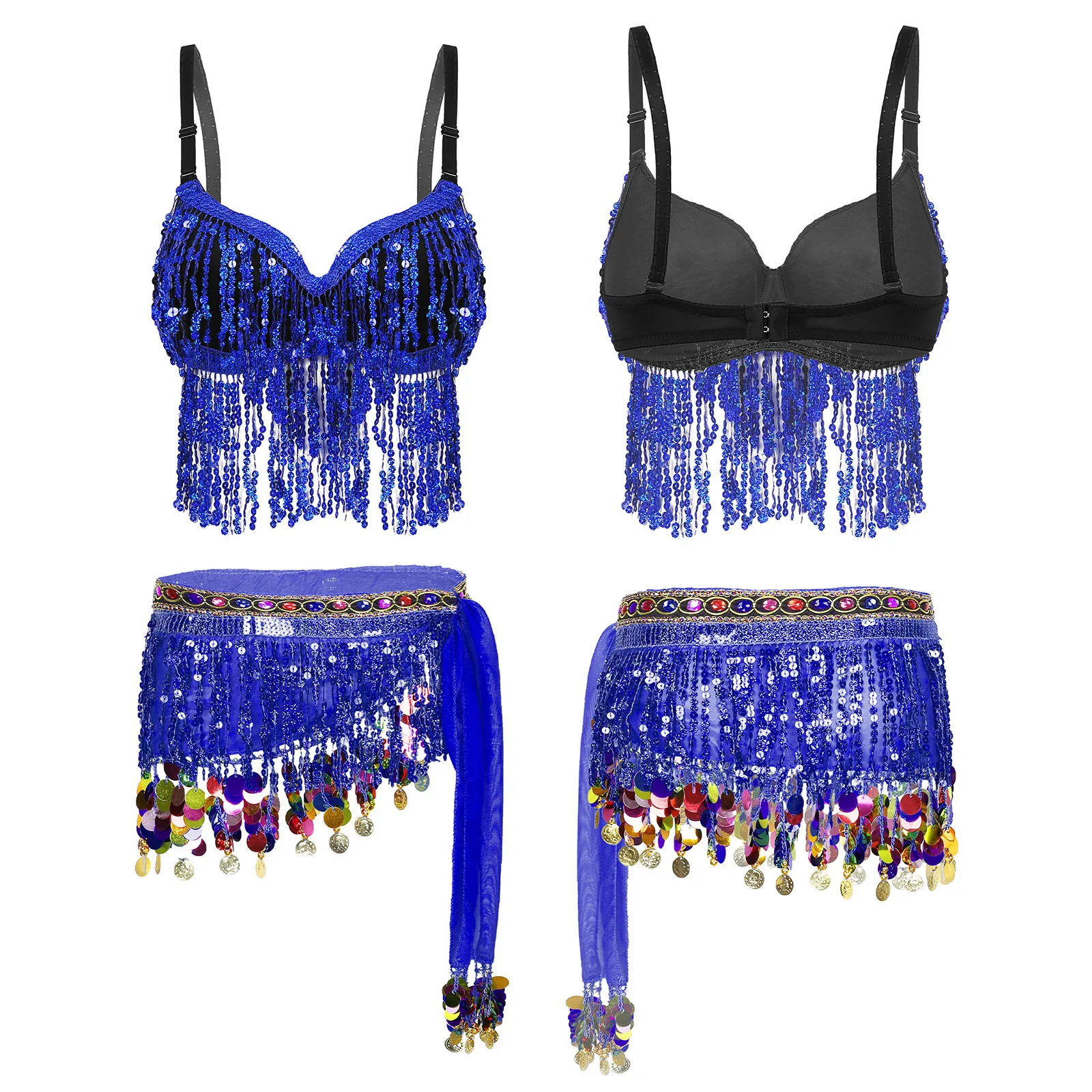 Womens Belly Dance Rave Party Costume Sequins Tassel Underwired Padded Bra Tops with Fringed Waist Chain Lace-up Hip Scarf Skirt
Womens Belly Dance Rave Party Costume Sequins Tassel Underwired Padded Bra Tops with Fringed Waist Chain Lace-up Hip Scarf Skirt