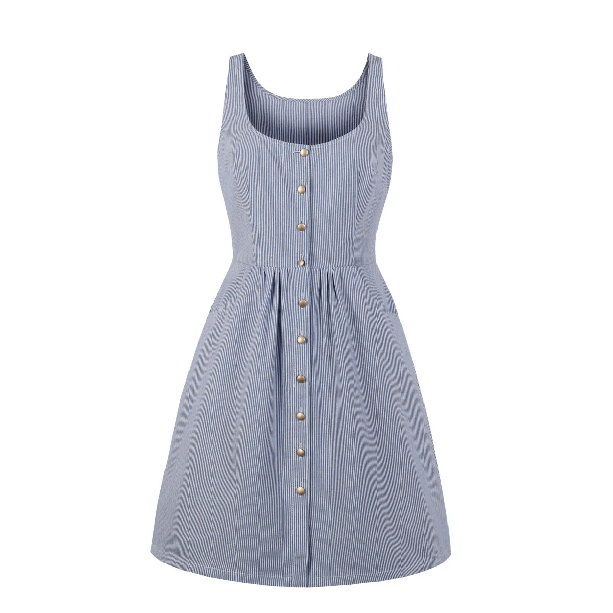 Spring/summer 2019 women's round neck sleeveless striped print single-breasted pocket dress 1757 banquet dress
Spring/summer 2019 women's round neck sleeveless striped print single-breasted pocket dress 1757 banquet dress